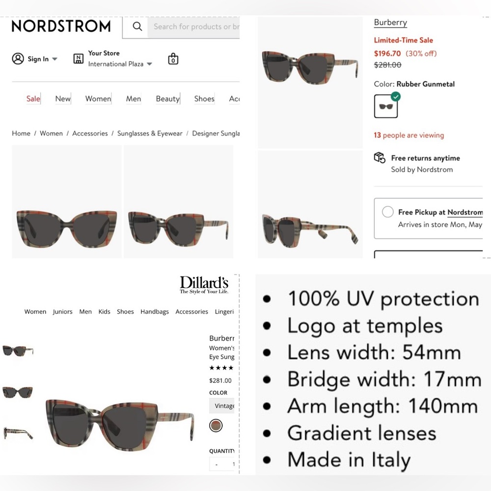 CLASSIC BURBERRY CAT- EYE FRAME SUNNIES IN THEIR CHECK PATTERN SIGNATURE STYLE - Picture 6 of 16